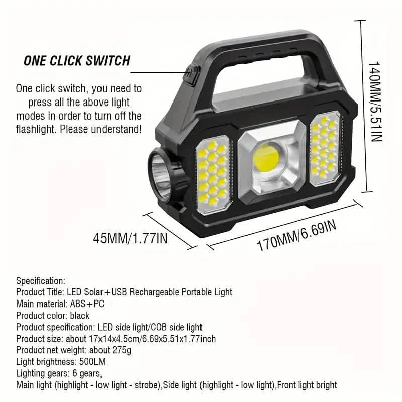 Solar Portable Flashlight & Handheld Searchlight with Side Lights by DailySale