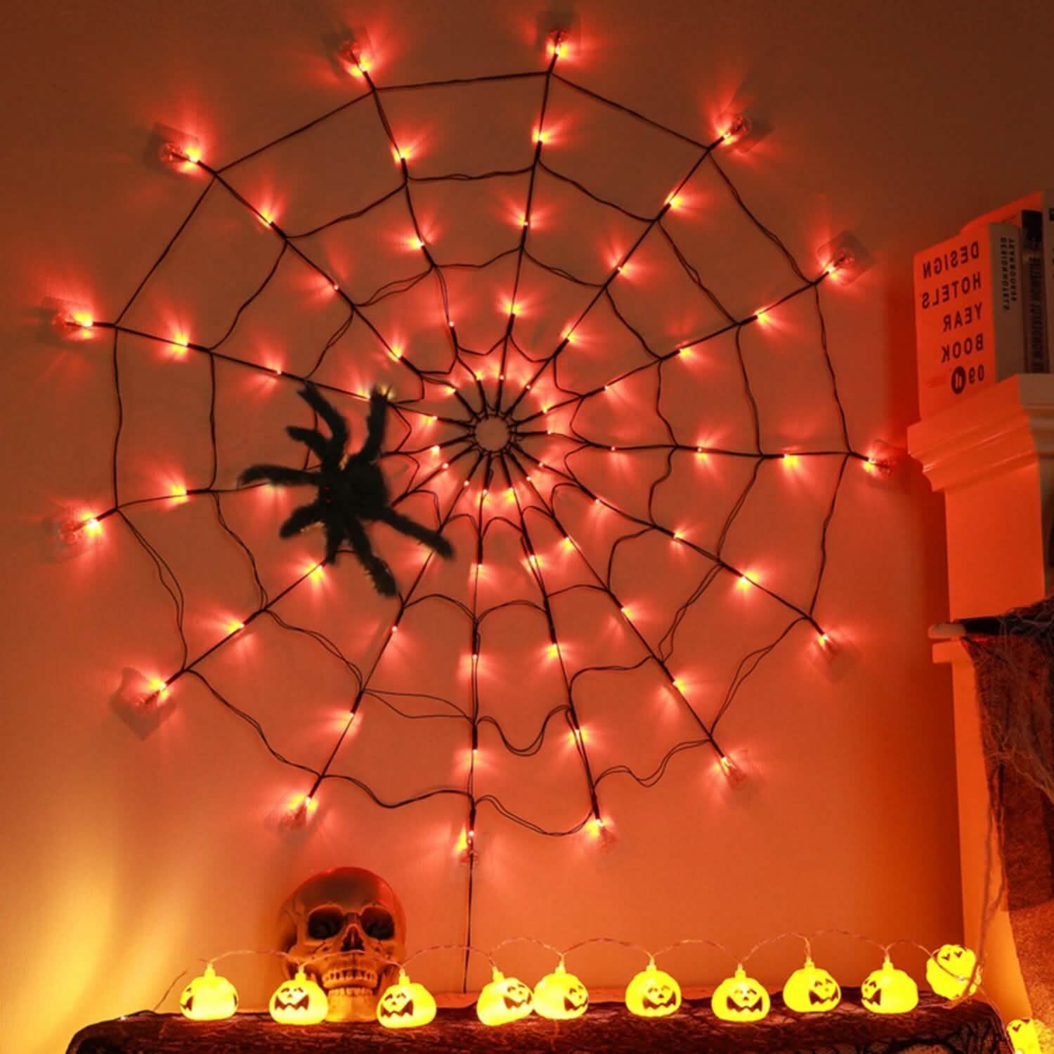 Spider Web Light with Hairy Spider 70LED Battery Powered Remote Control 8 Lighting Modes by DailySale
