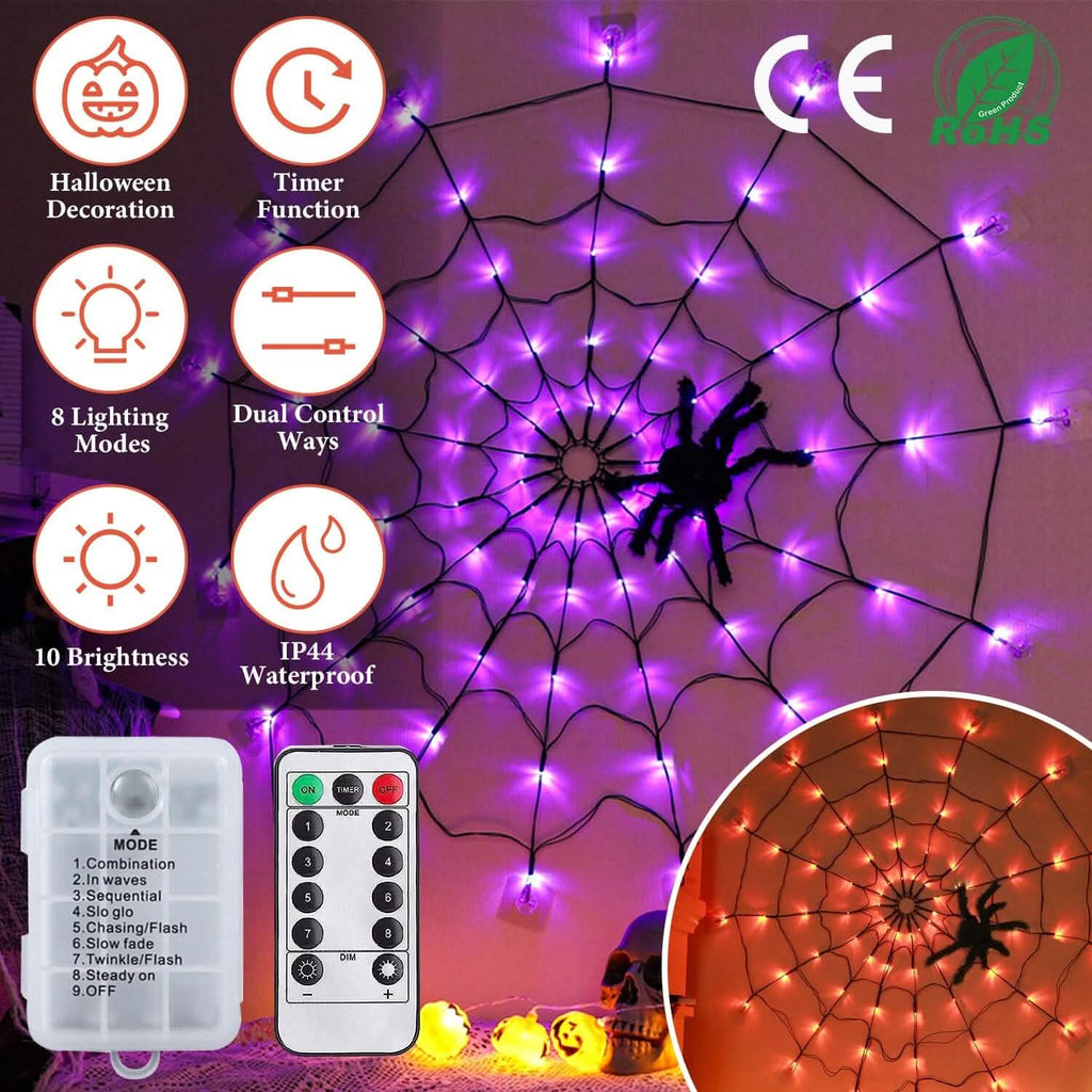 Spider Web Light with Hairy Spider 70LED Battery Powered Remote Control 8 Lighting Modes by DailySale