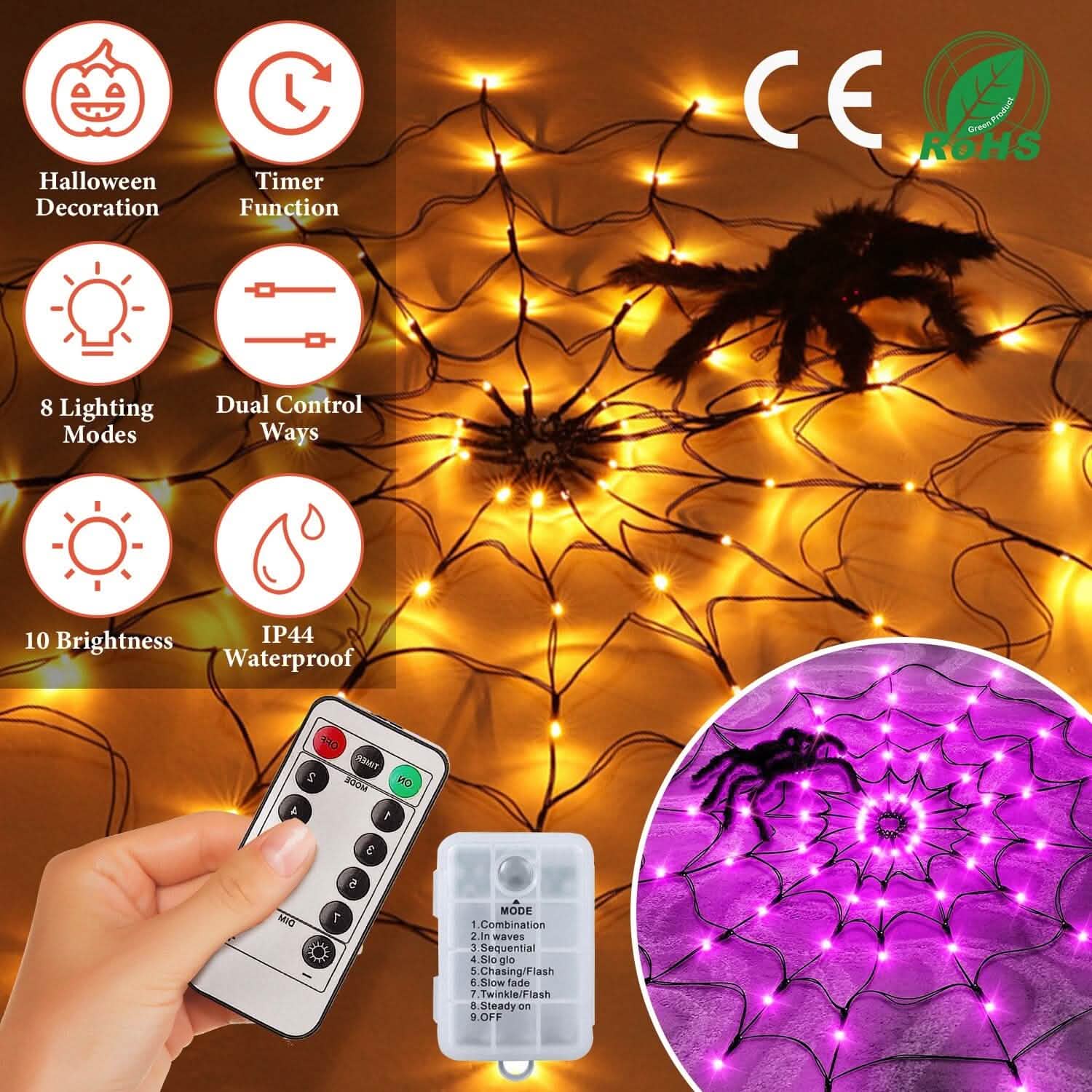 Spider Web Light with Hairy Spider 70LED Battery Powered Remote Control 8 Lighting Modes by DailySale