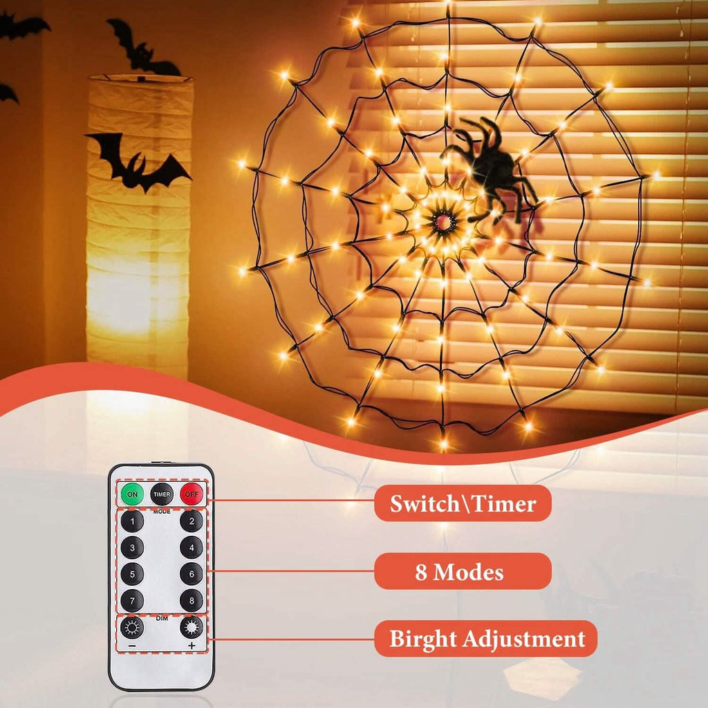 Spider Web Light with Hairy Spider 70LED Battery Powered Remote Control 8 Lighting Modes by DailySale
