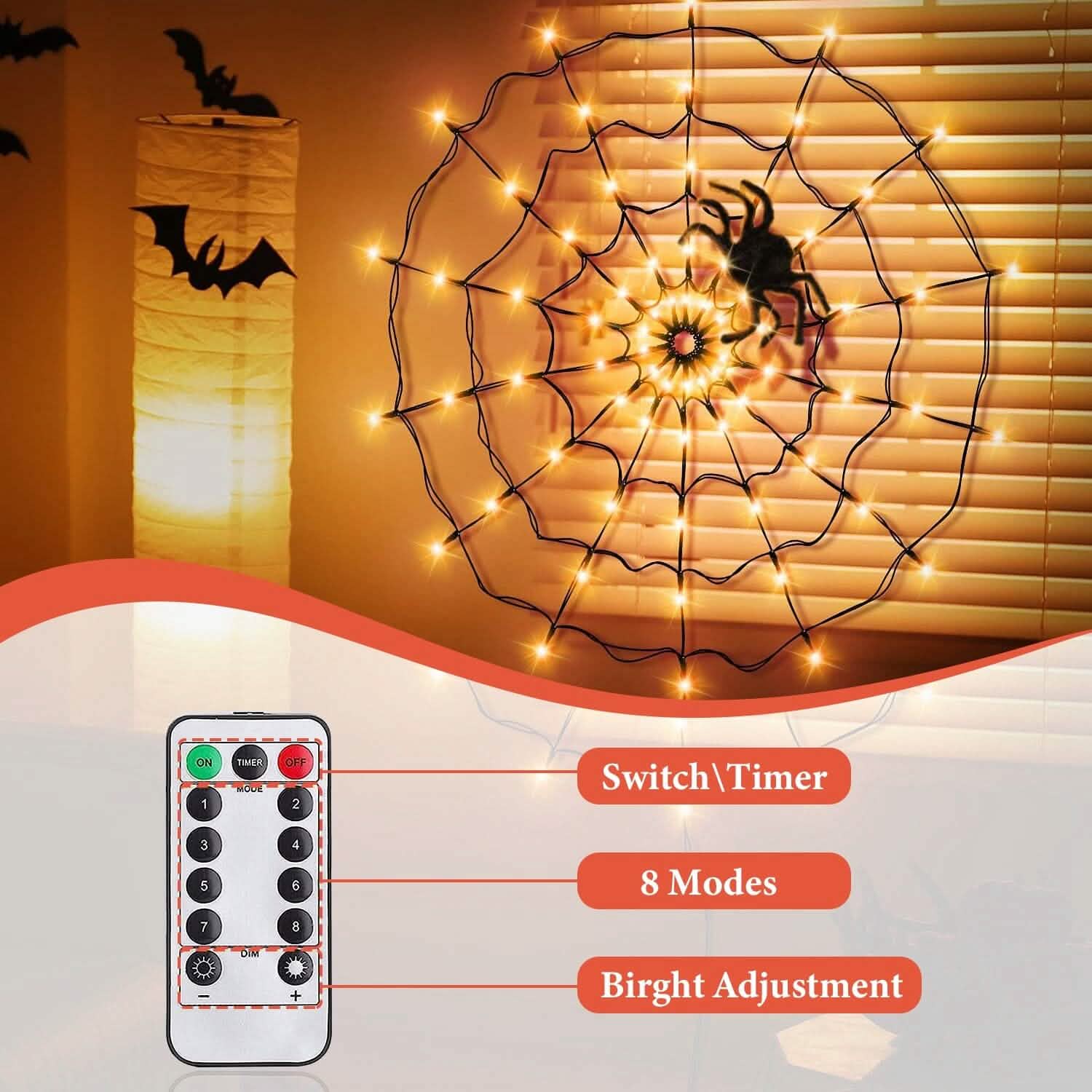 Spider Web Light with Hairy Spider 70LED Battery Powered Remote Control 8 Lighting Modes by DailySale