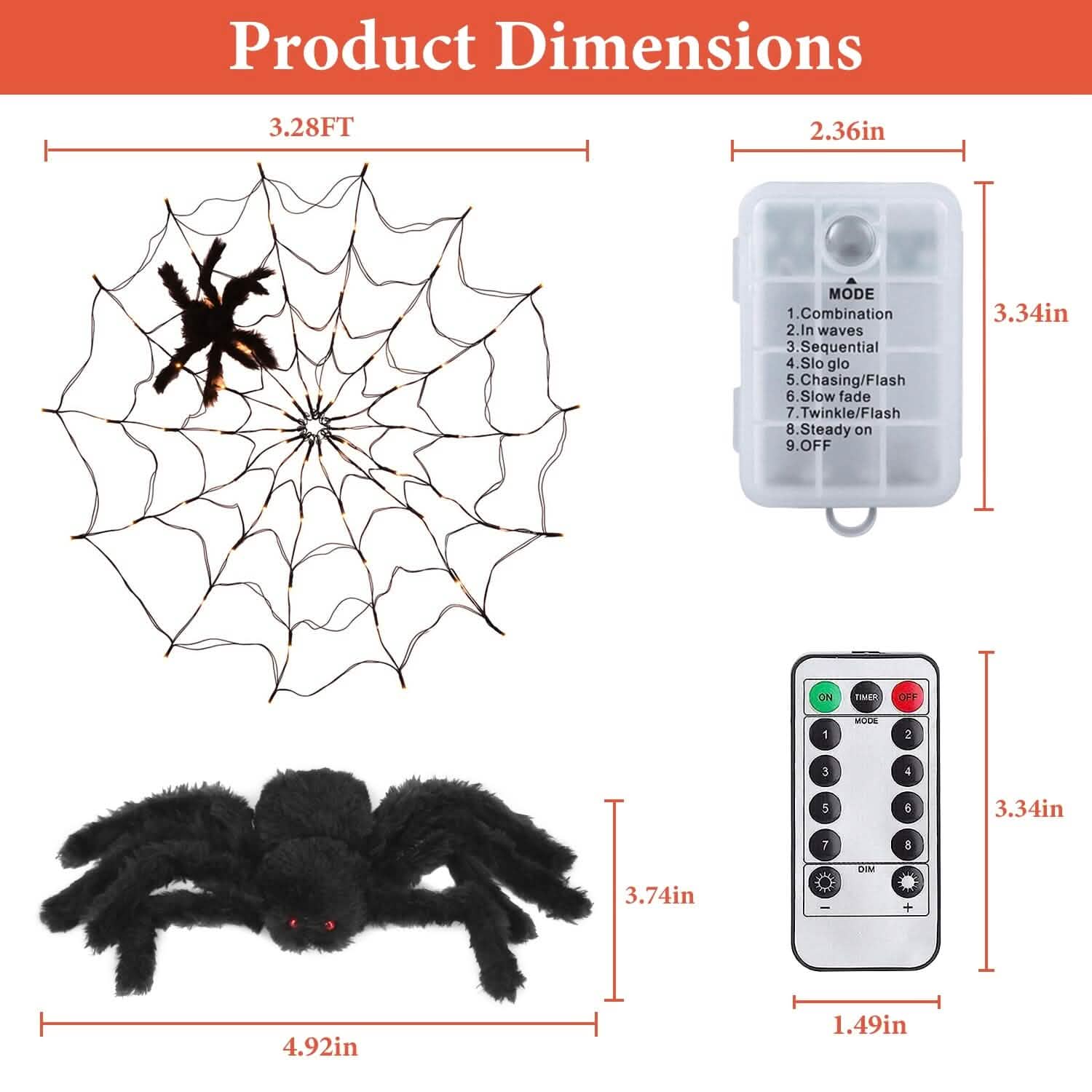 Spider Web Light with Hairy Spider 70LED Battery Powered Remote Control 8 Lighting Modes by DailySale