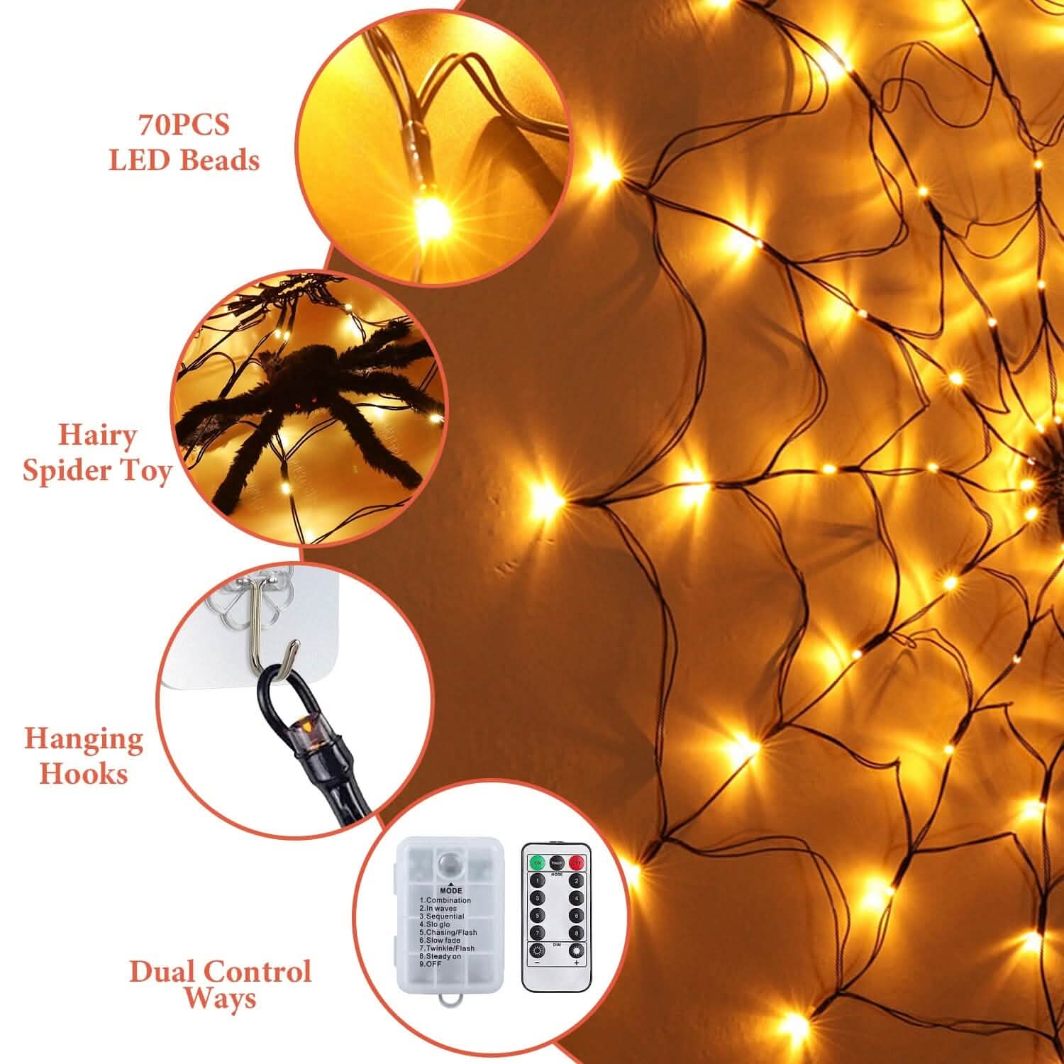 Spider Web Light with Hairy Spider 70LED Battery Powered Remote Control 8 Lighting Modes by DailySale