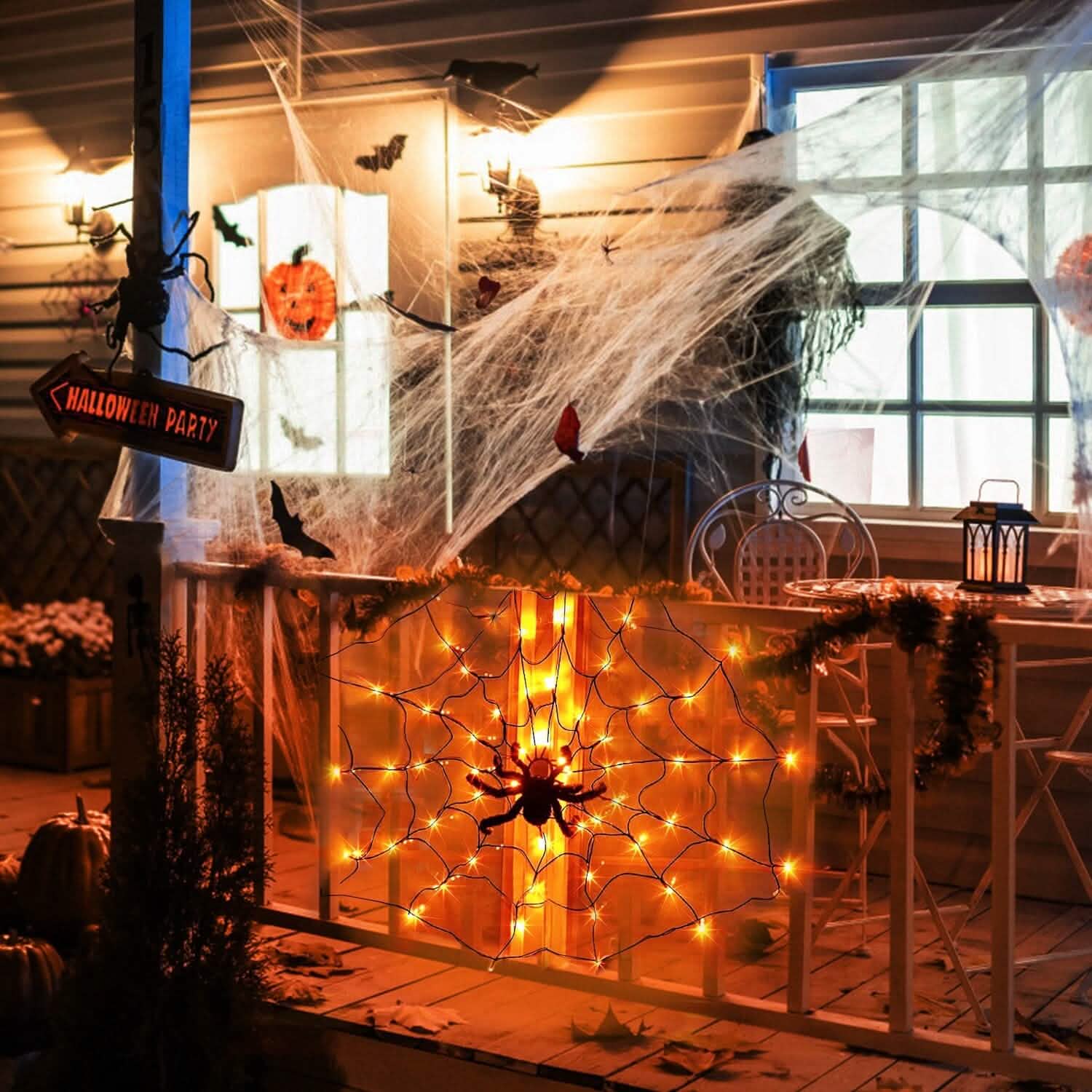 Spider Web Light with Hairy Spider 70LED Battery Powered Remote Control 8 Lighting Modes by DailySale