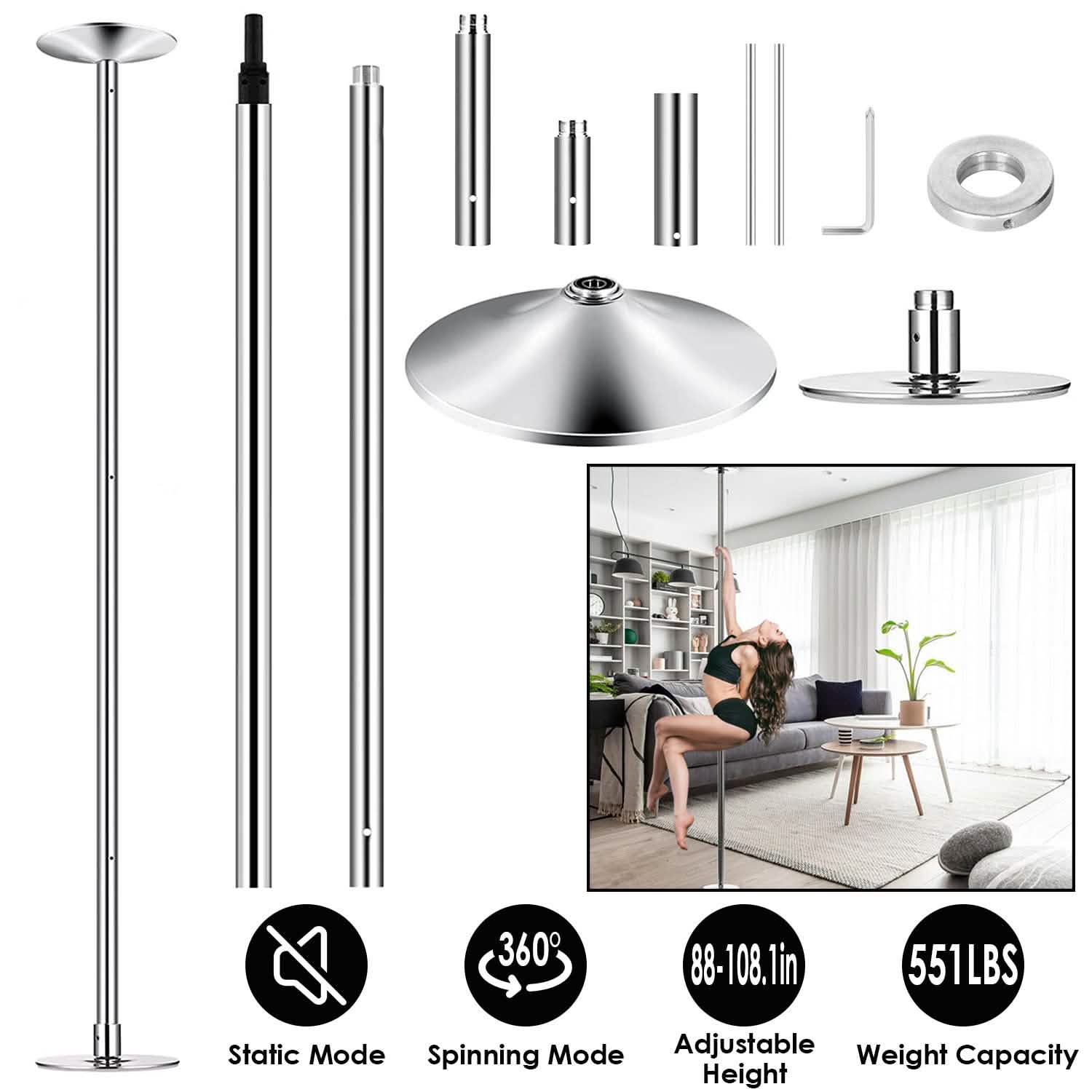 Stripper Dance Pole 45mm Spinning Static Dancing Pole by DailySale