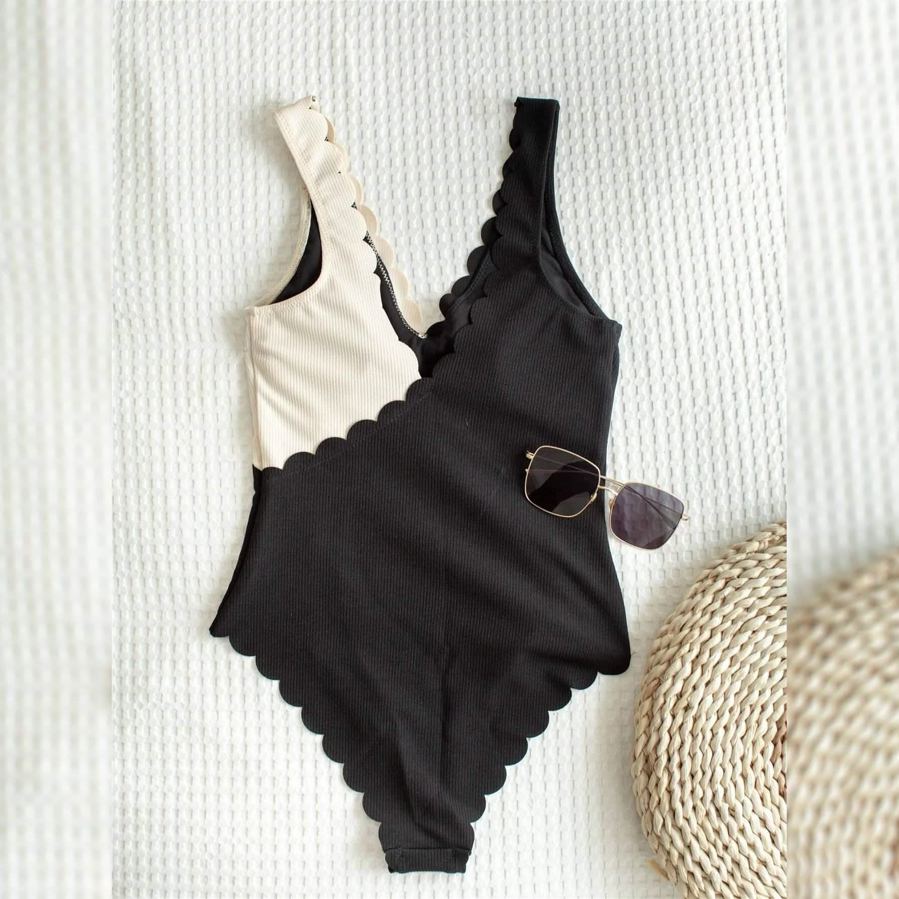 Two Tone Scallop Trim One Piece Swimsuit by DailySale