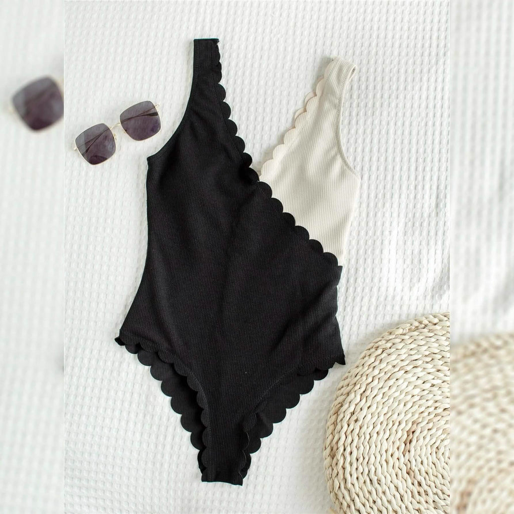 Two Tone Scallop Trim One Piece Swimsuit by DailySale