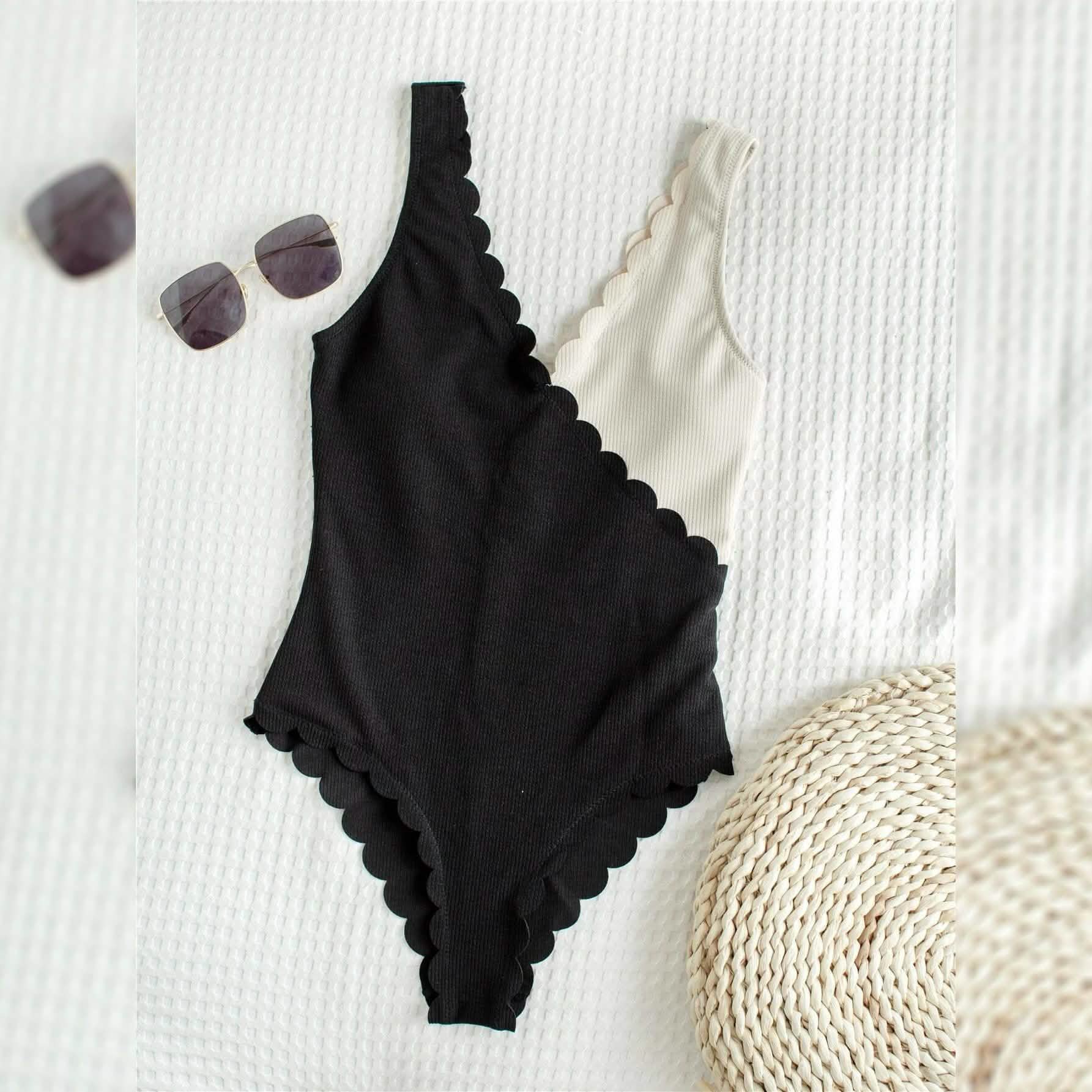 Two Tone Scallop Trim One Piece Swimsuit by DailySale