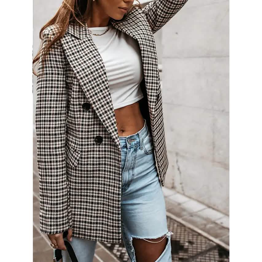 Women's Blazer Casual Jacket Long Sleeve Plaid Check Quilted by DailySale
