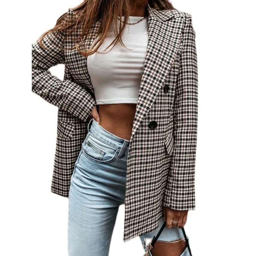 Women's Blazer Casual Jacket Long Sleeve Plaid Check Quilted by DailySale
