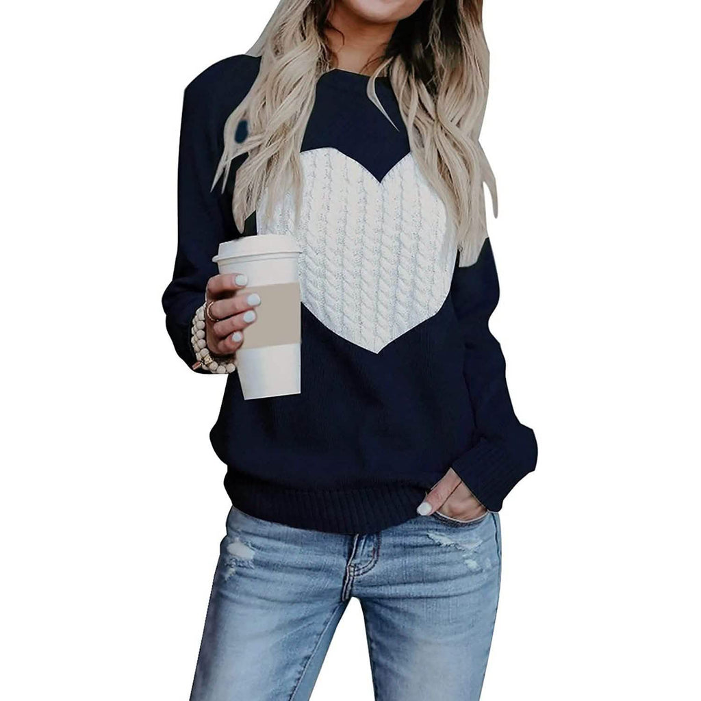 Women's Long Sleeve Crewneck Cute Heart Knitted Sweaters