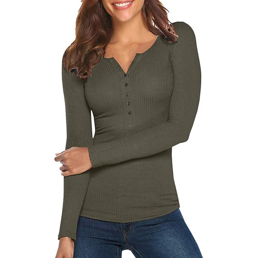 Women's Long Sleeve V Neck Ribbed Button Down Knit Sweater Fitted Top by DailySale