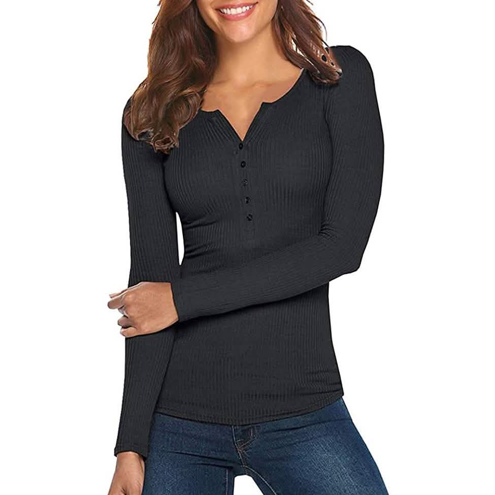 Women's Long Sleeve V Neck Ribbed Button Down Knit Sweater Fitted Top by DailySale