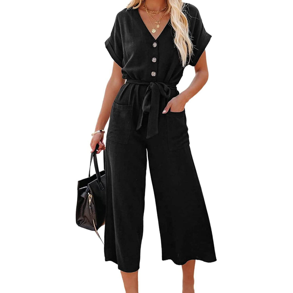 Women's Short Sleeve V Neck Button Belt Wide Leg Jumpsuit by DailySale