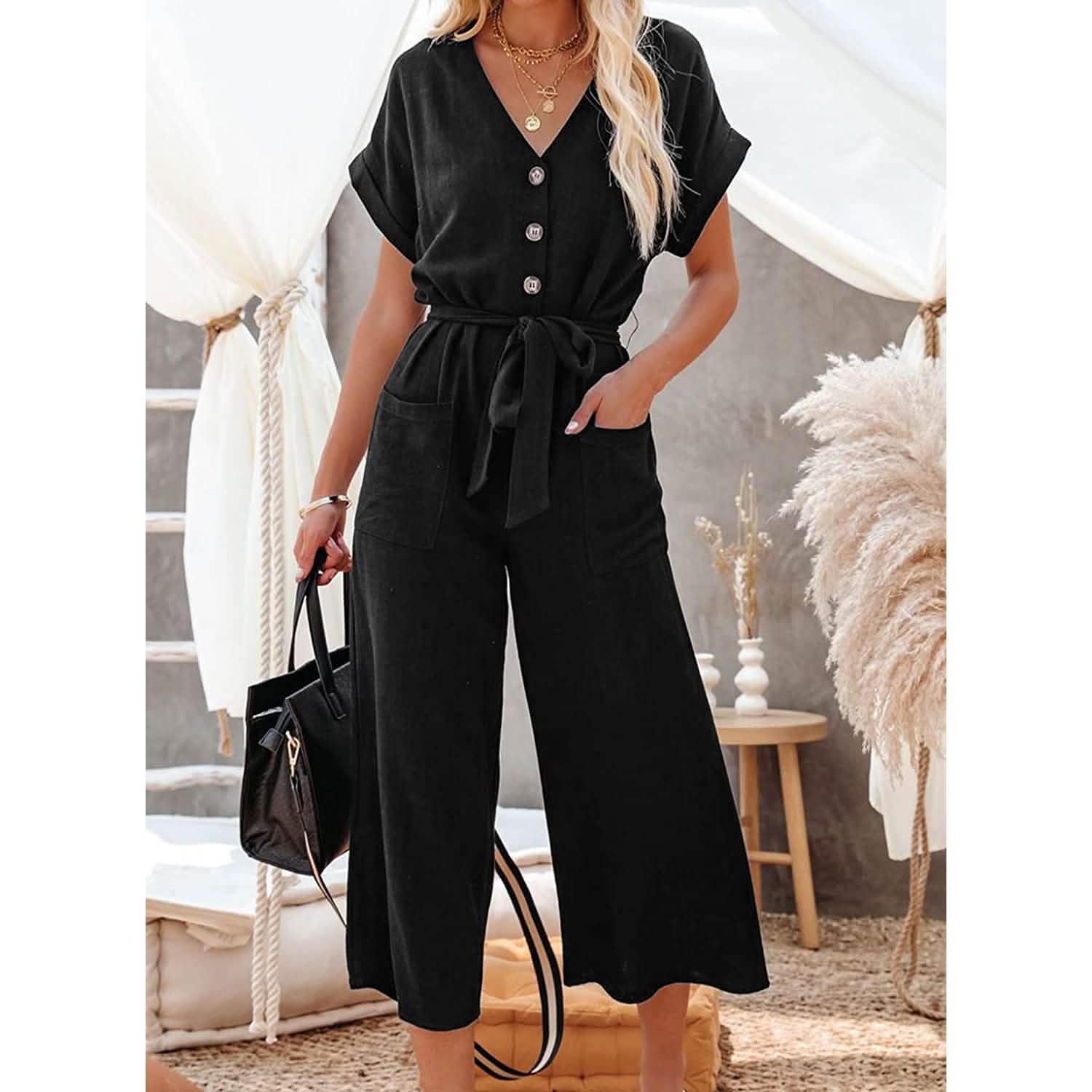Women's Short Sleeve V Neck Button Belt Wide Leg Jumpsuit by DailySale