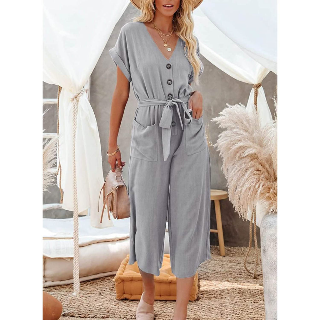 Women's Short Sleeve V Neck Button Belt Wide Leg Jumpsuit by DailySale