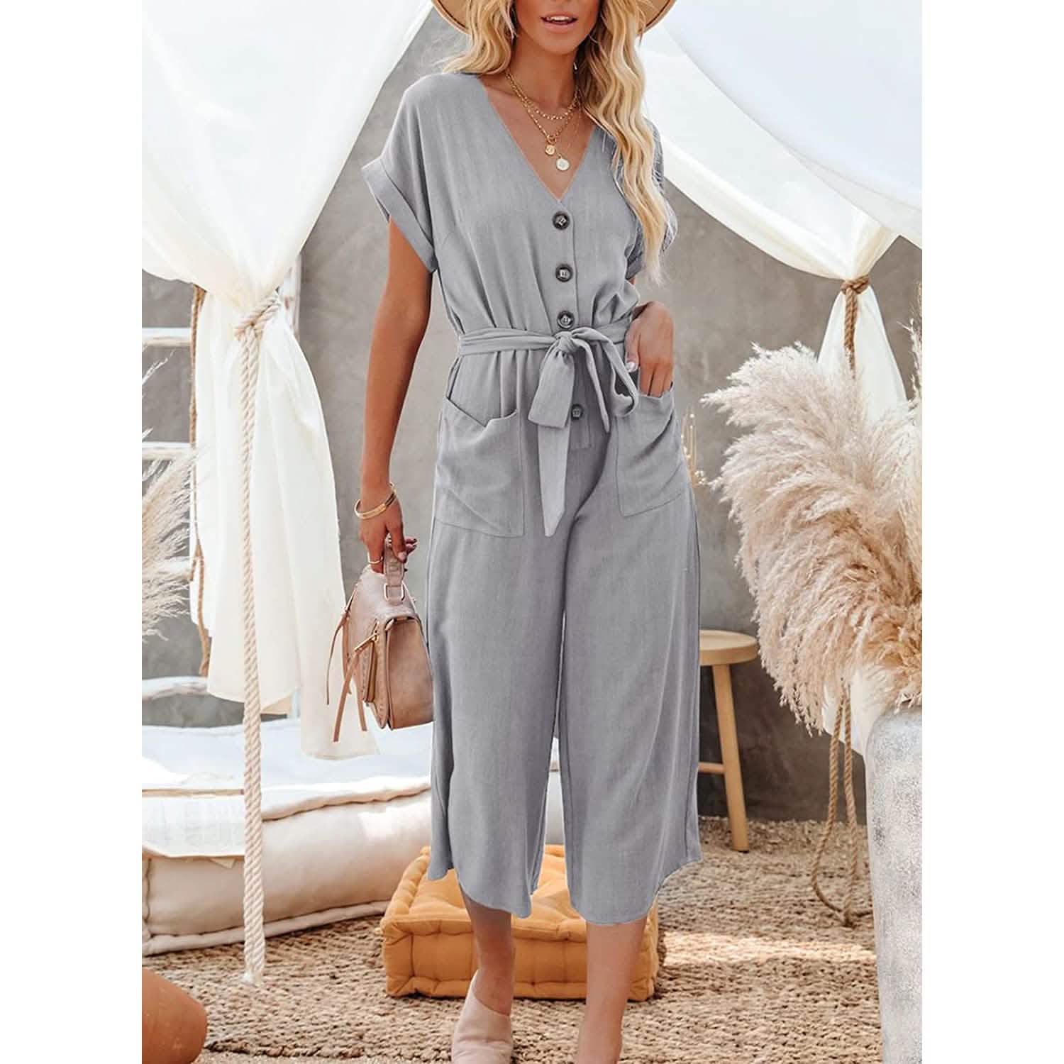 Women's Short Sleeve V Neck Button Belt Wide Leg Jumpsuit by DailySale