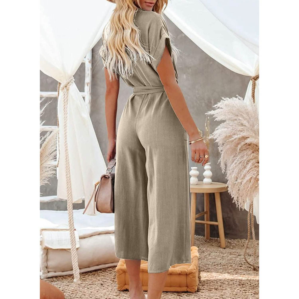 Women's Short Sleeve V Neck Button Belt Wide Leg Jumpsuit by DailySale