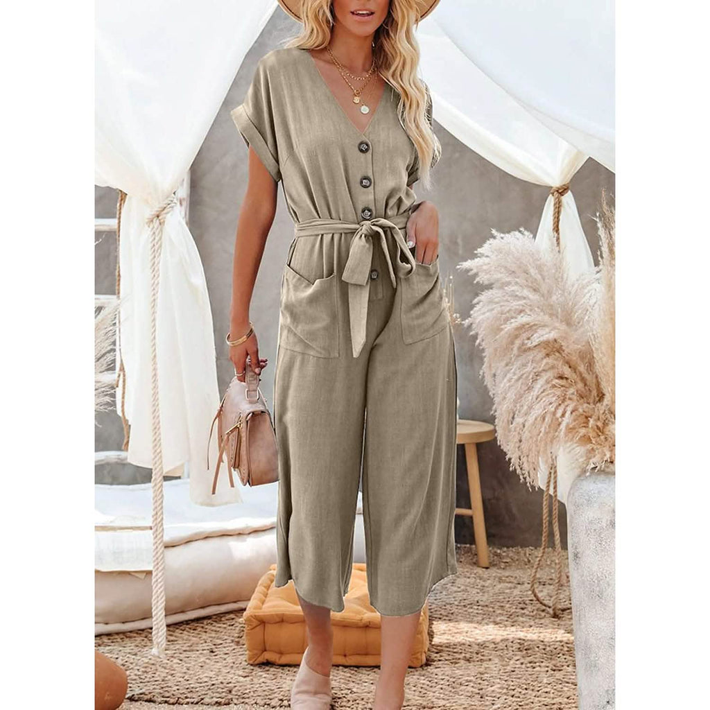 Women's Short Sleeve V Neck Button Belt Wide Leg Jumpsuit by DailySale