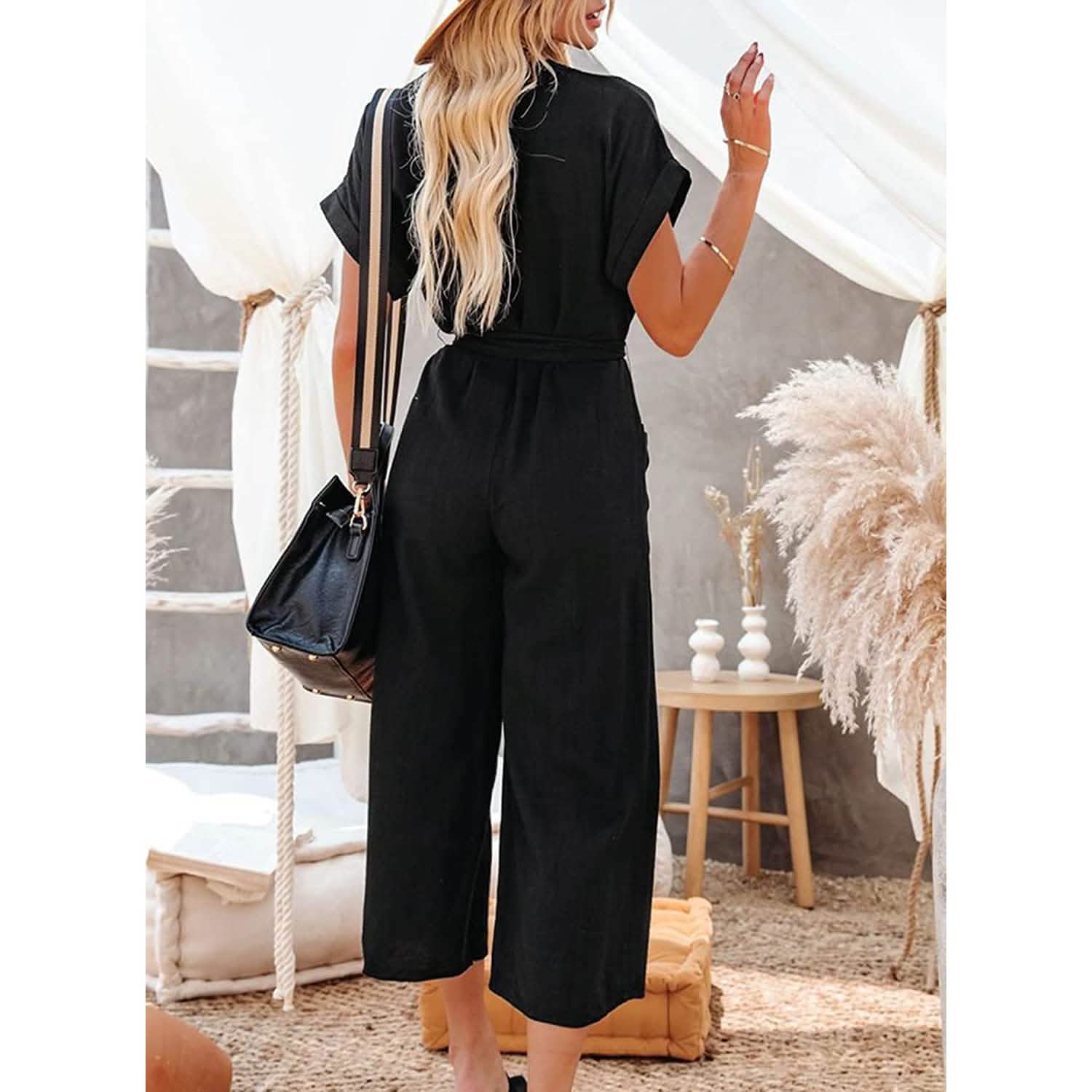 Women's Short Sleeve V Neck Button Belt Wide Leg Jumpsuit by DailySale