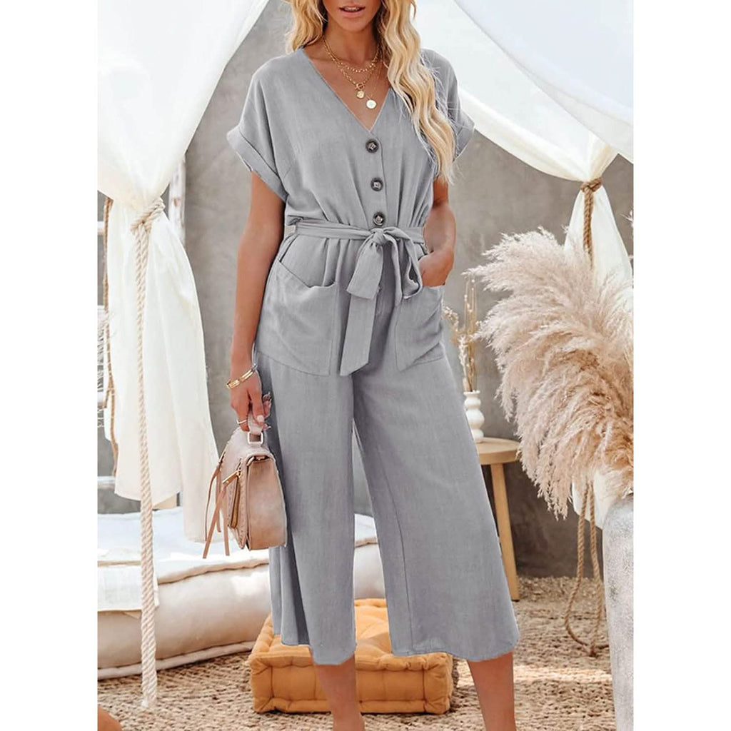 Women's Short Sleeve V Neck Button Belt Wide Leg Jumpsuit by DailySale