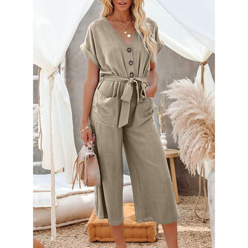 Women's Short Sleeve V Neck Button Belt Wide Leg Jumpsuit by DailySale