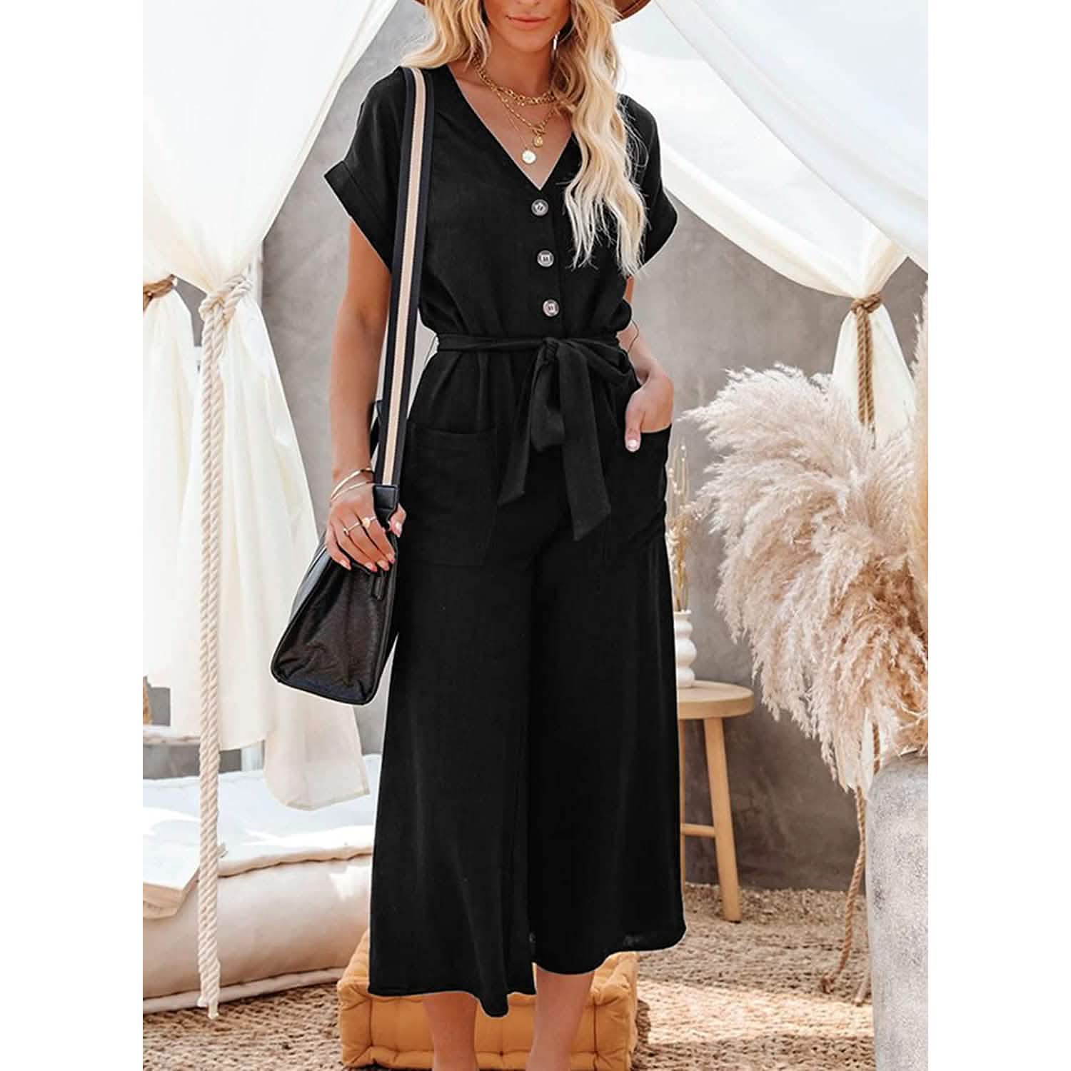 Women's Short Sleeve V Neck Button Belt Wide Leg Jumpsuit by DailySale