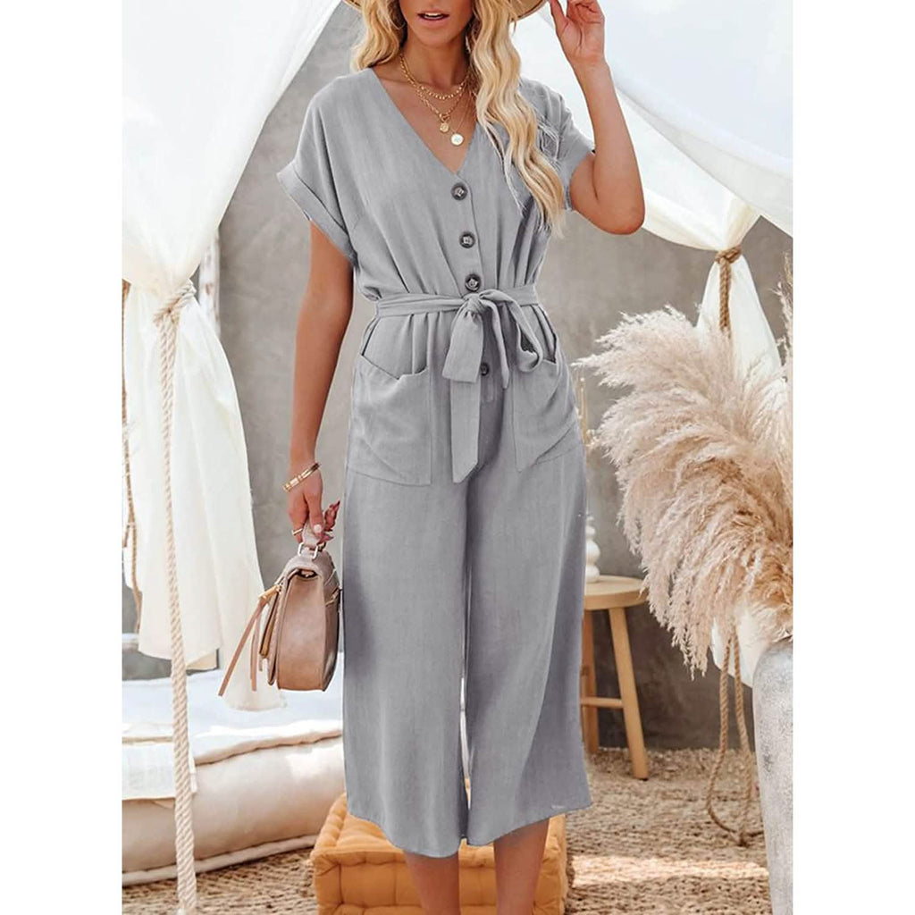Women's Short Sleeve V Neck Button Belt Wide Leg Jumpsuit by DailySale
