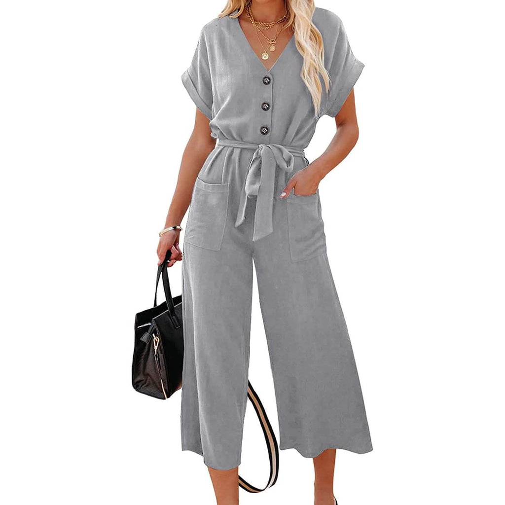 Women's Short Sleeve V Neck Button Belt Wide Leg Jumpsuit by DailySale