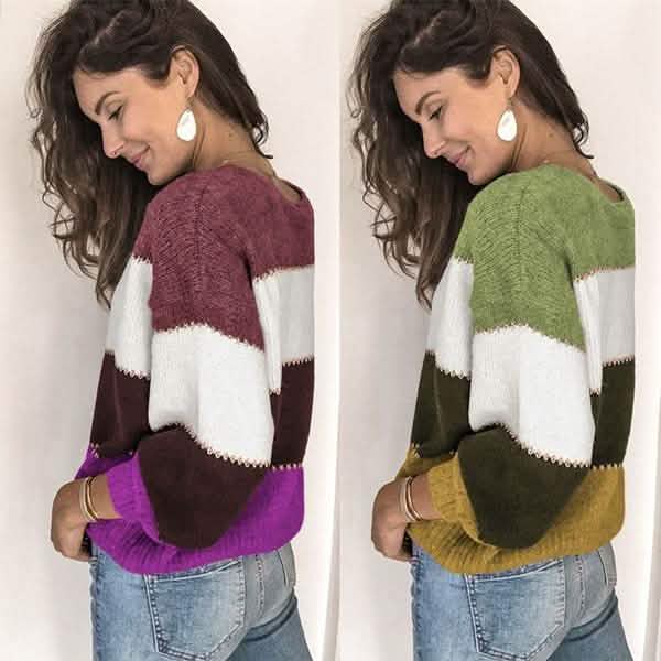 Women's Striped Patchwork Streetwear Loose Knitted Pullovers Tops by DailySale