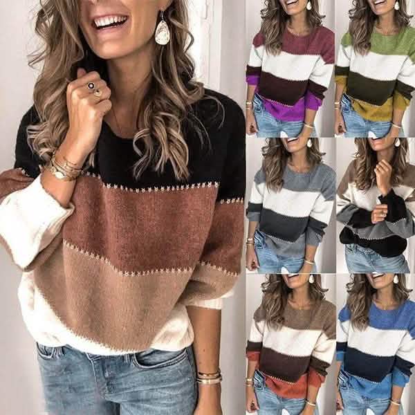 Women's Striped Patchwork Streetwear Loose Knitted Pullovers Tops by DailySale