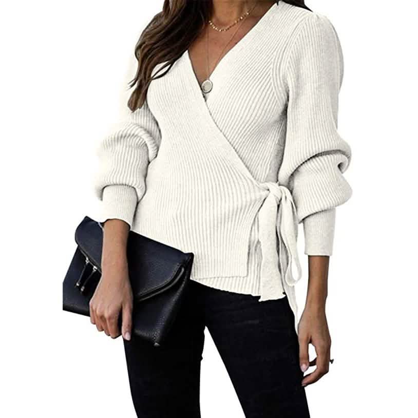 Women’s V Neck Balloon Sleeve Ribbed Wrap Chunky Knit Tunic Top by DailySale
