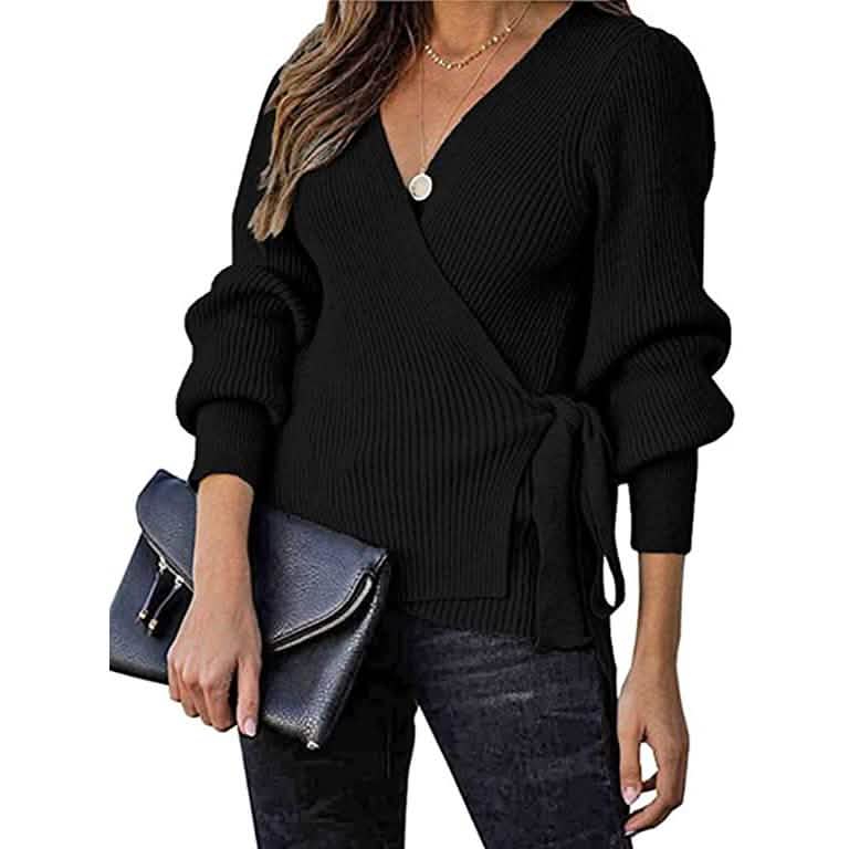 Women’s V Neck Balloon Sleeve Ribbed Wrap Chunky Knit Tunic Top by DailySale