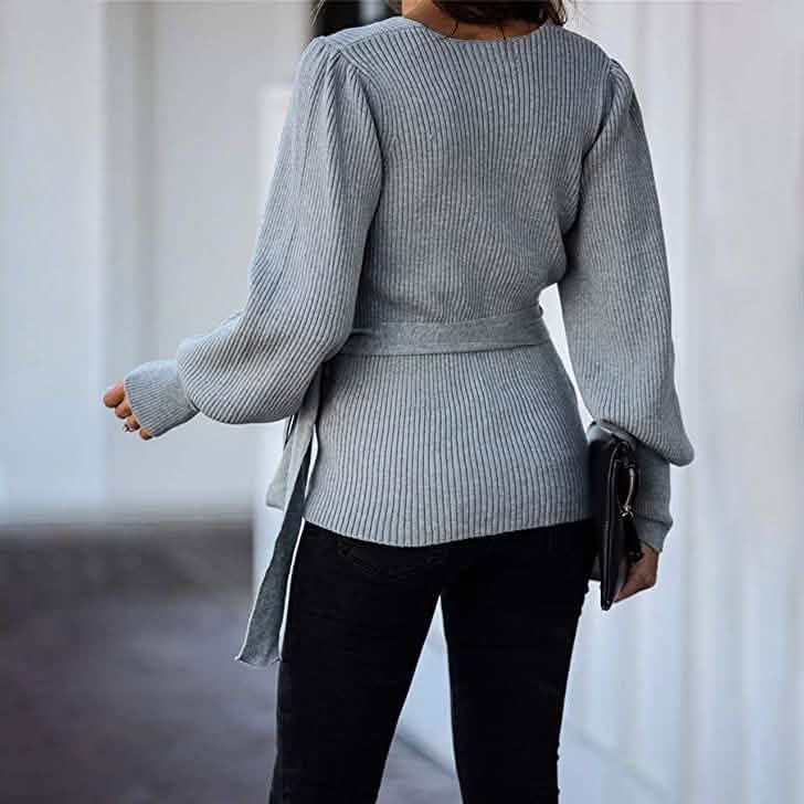 Women’s V Neck Balloon Sleeve Ribbed Wrap Chunky Knit Tunic Top by DailySale