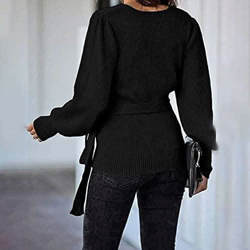 Women’s V Neck Balloon Sleeve Ribbed Wrap Chunky Knit Tunic Top by DailySale
