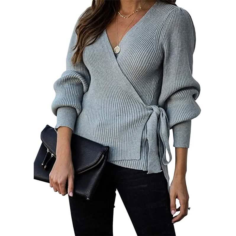 Women’s V Neck Balloon Sleeve Ribbed Wrap Chunky Knit Tunic Top by DailySale