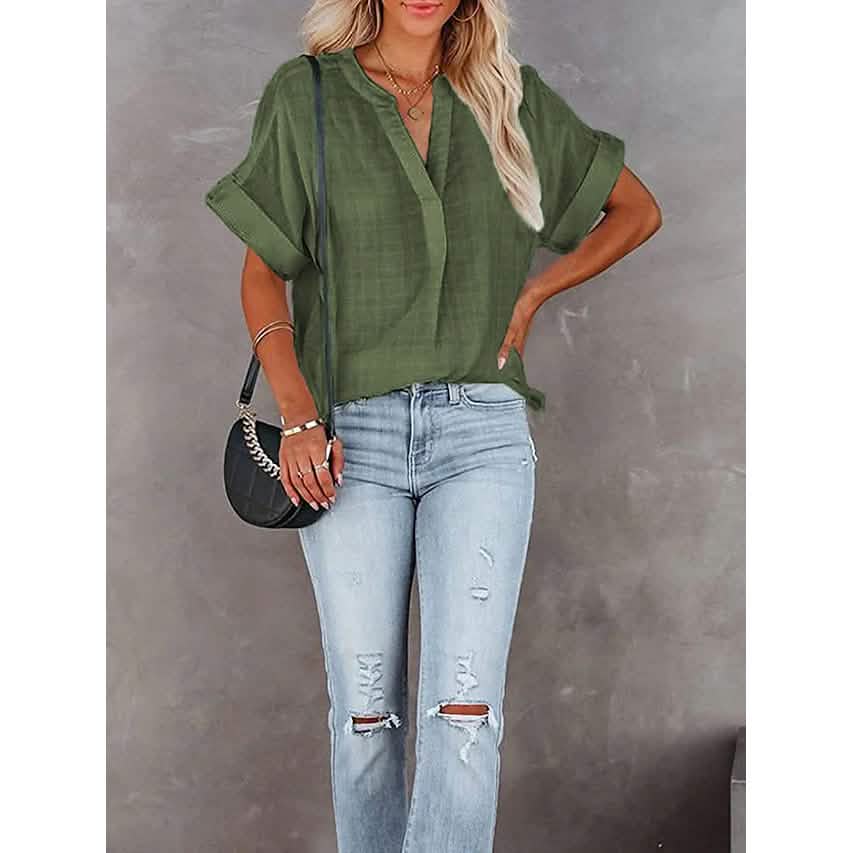 Women's V-Neck Loose Shirt Short Sleeve Top by DailySale