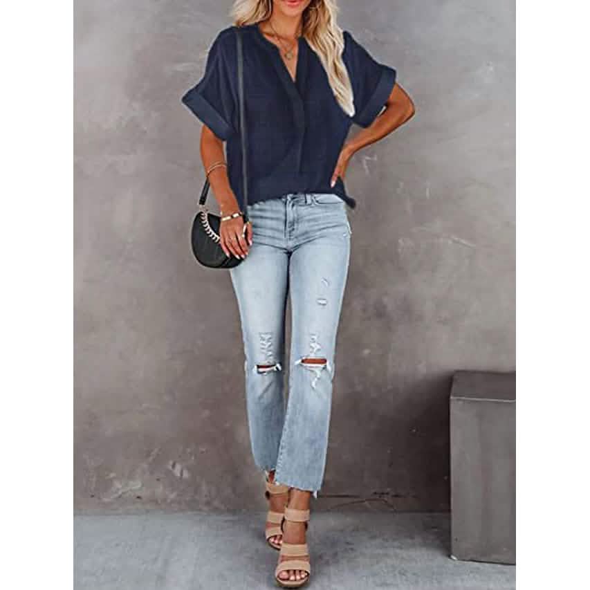 Women's V-Neck Loose Shirt Short Sleeve Top by DailySale