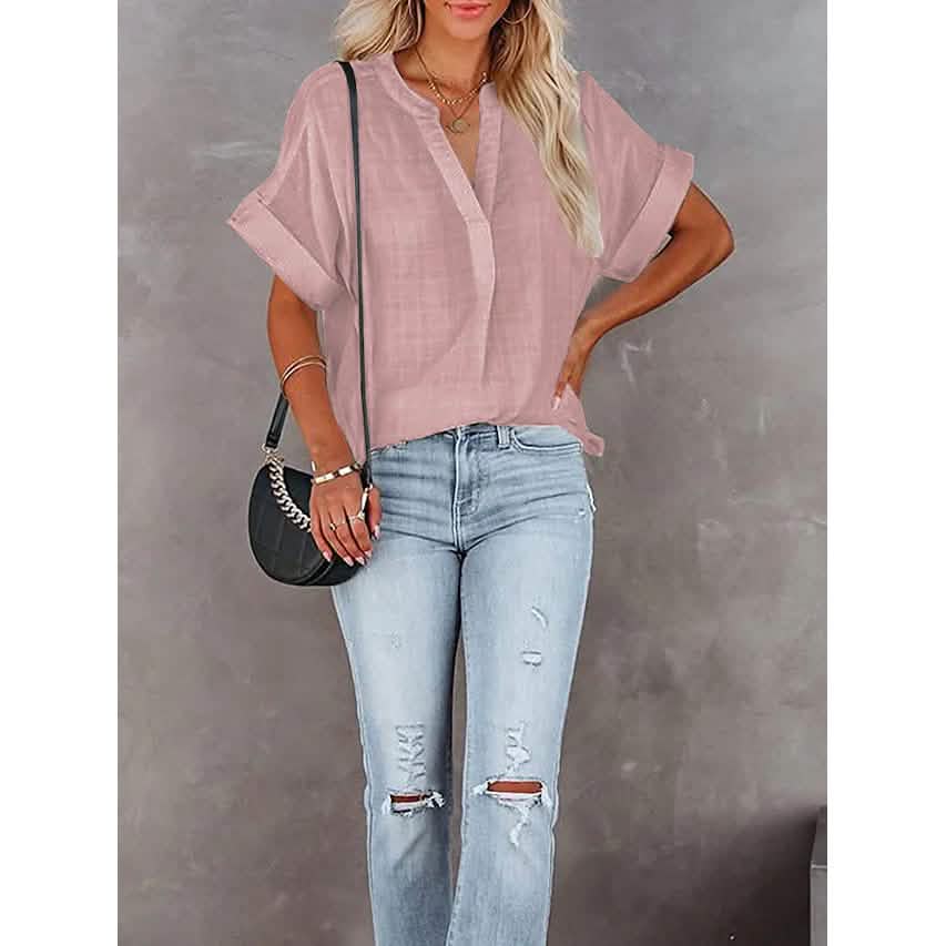 Women's V-Neck Loose Shirt Short Sleeve Top by DailySale
