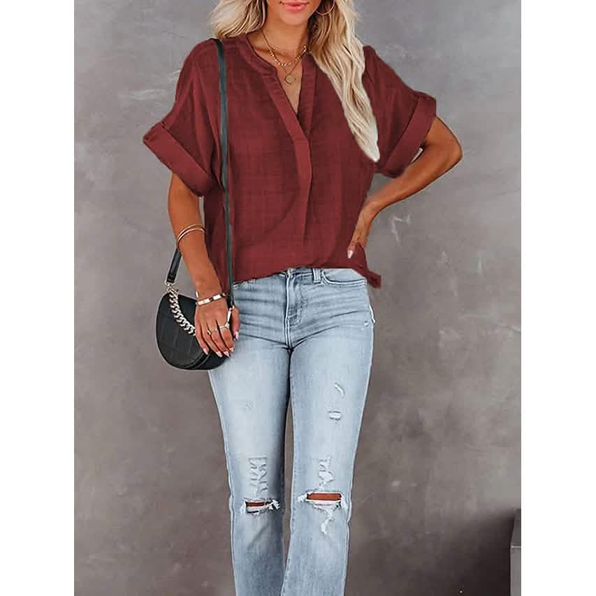 Women's V-Neck Loose Shirt Short Sleeve Top by DailySale